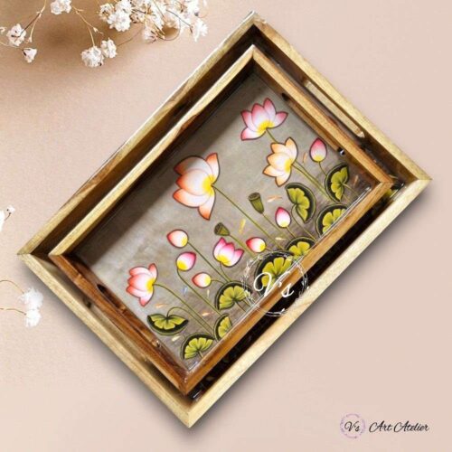 Lotus Teakwood Printed Tray – Set of 2