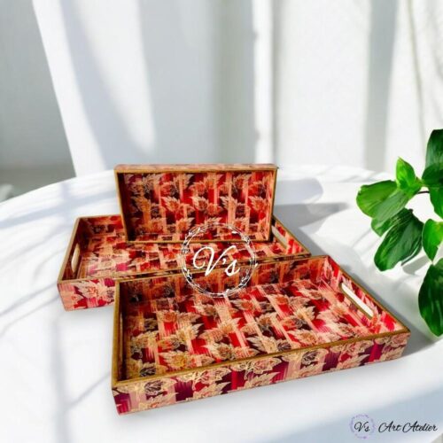 Chinar Leaves Printed Rectangle Tray – Set of 3