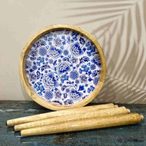 Mango Wood Blue Flower Side Table - Single