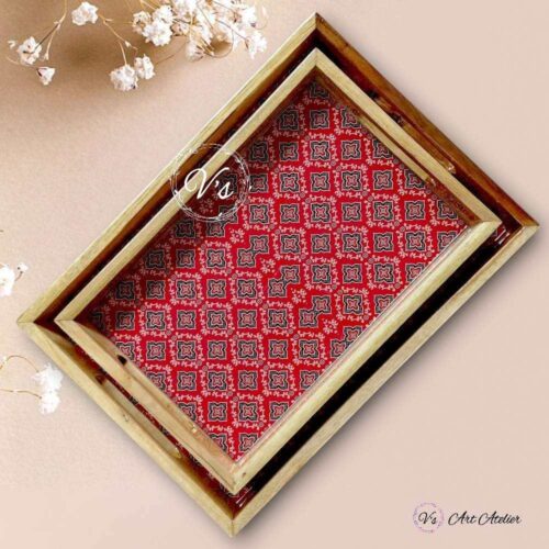 Moorish Tile Pattern Teakwood Printed Tray – Set of 2
