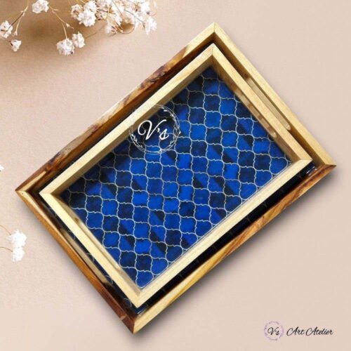 Moroccan Blue Teakwood Printed Tray – Set of 2