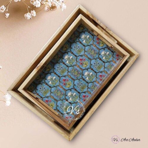 Mughal Art Teakwood Printed Tray – Set of 2