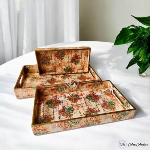 Vintage Gold Printed Rectangle Tray – Set of 3