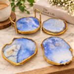 Blue and Gold Natural Agate Glass Coasters – Set of 4