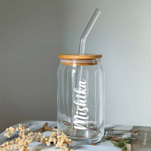 Personalized Glass Can with Wooden Lid & Glass Straw