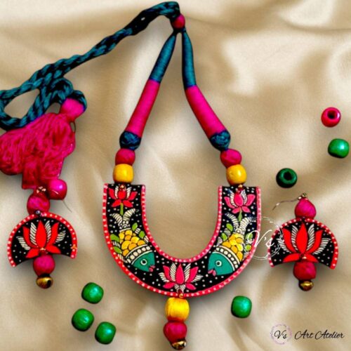 Hand Painted Lotus Madhubani Pendant Earring Set
