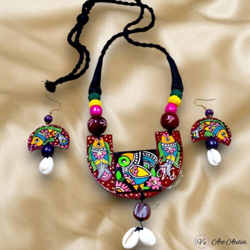 Hand Painted Fish Madhubani Pendant Earring Set