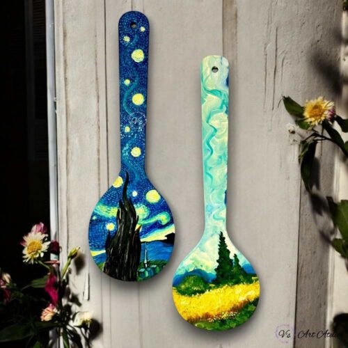 Van Gogh-Inspired Hand-Painted Wooden Spatula - Set of 2