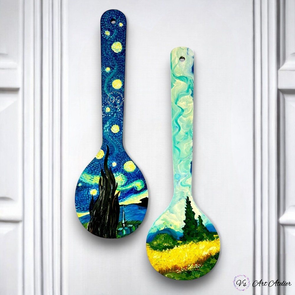 Hand-Painted Van Gogh-Inspired Wooden Spatula-2 Vs art atelier Van Gogh-Inspired Hand-Painted Wooden Spatula - Set of 2 - Image 3
