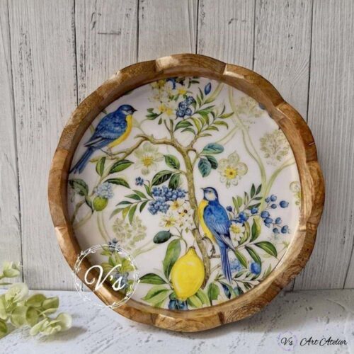Mangowood Scalloped Tray in Bluebirds and Lemon Grove Design – 12 inches