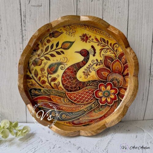 Mangowood Scalloped Tray in Peacock Design  - 12 inches