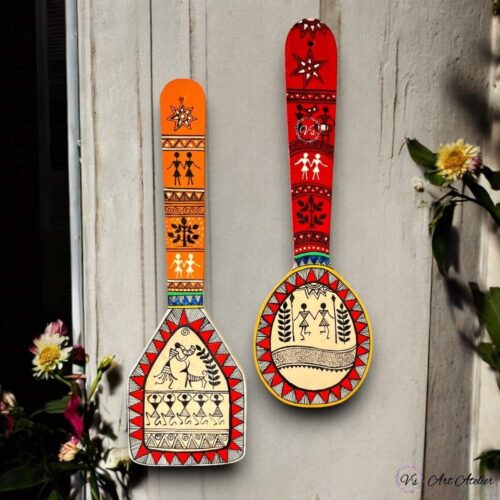Hand-painted Warli Art Wooden Spatula - Set of 2