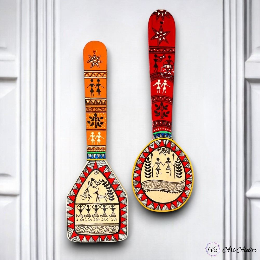 Warli art handpainted spatula-2 Vs art atelier Hand-painted Warli Art Wooden Spatula - Set of 2 - Image 3