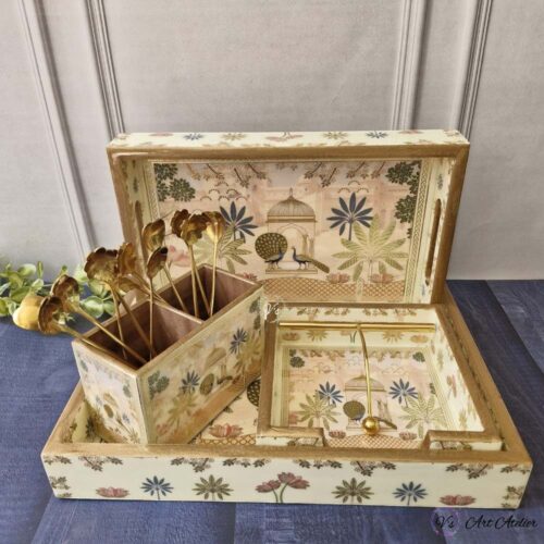 Premium Golden Wooden Tray Combo Set