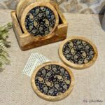 Premium Mangowood Coasters in Black Paisley  – Set of 6 with Stand
