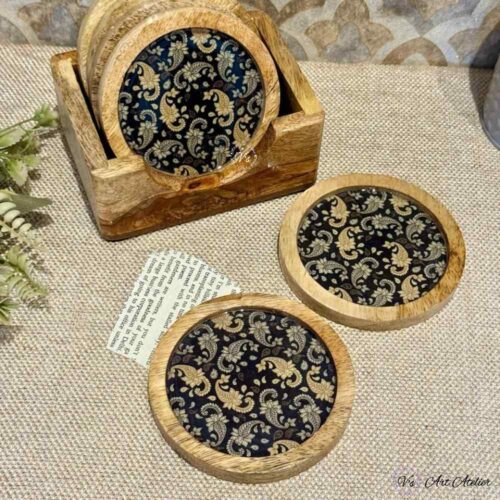 Premium Mangowood Coasters in Black Paisley  – Set of 6 with Stand