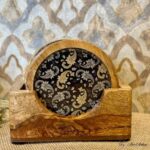 Premium Mangowood Coasters in Black Paisley  – Set of 6 with Stand - Image 2