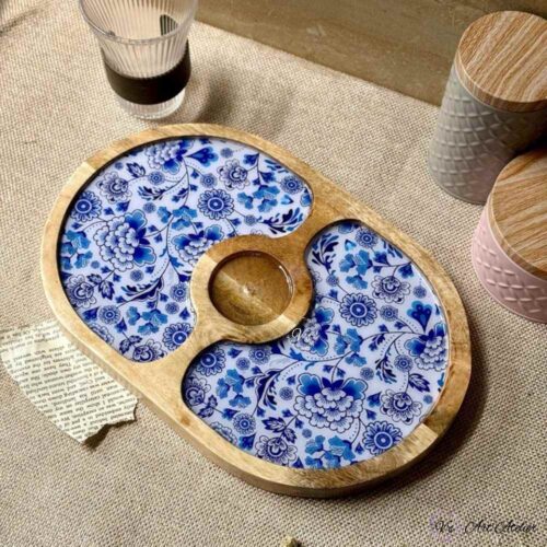 Premium Mangowood Blue Flower Oval Chip-N-Dip Platter