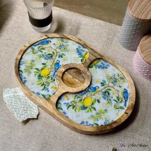 Premium Mangowood Blue Bird and Lemon Groove Oval Chip-N-Dip Platter