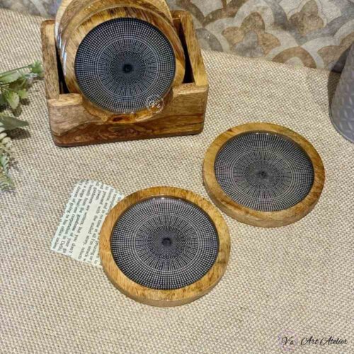 Premium Mangowood Coasters in Eclectic Mandala  – Set of 6 with Stand
