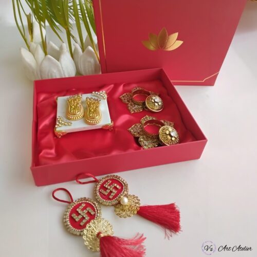 Elegant Roli Chawal Stone Studded Platters with Laxmi Charan and Marble Chowki