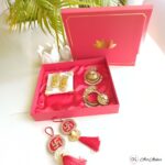 Elegant Roli Chawal Stone Studded Platters with Laxmi Charan and Marble Chowki - Image 2