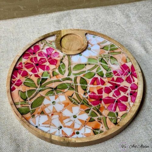 Premium Mangowood Floral Mosaic Round Chip-N-Dip Platter