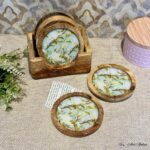 Premium Mangowood Coasters in Green Magnolia  – Set of 6 with Stand