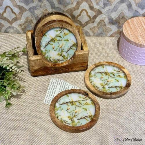 Premium Mangowood Coasters in Green Magnolia  – Set of 6 with Stand