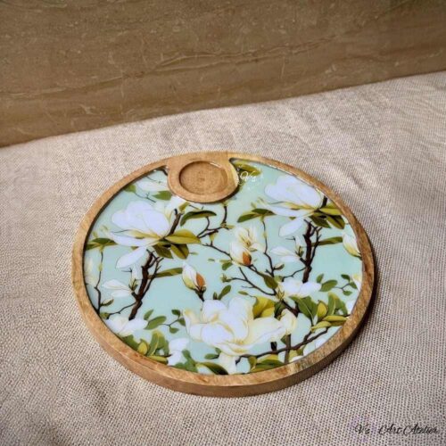 Premium Mangowood Green Magnolia Round Chip-N-Dip Platter