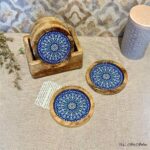 Premium Mangowood Coasters in Mandala  – Set of 6 with Stand