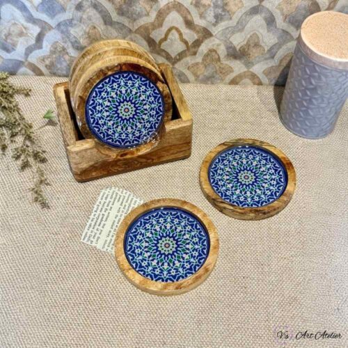 Premium Mangowood Coasters in Mandala  – Set of 6 with Stand