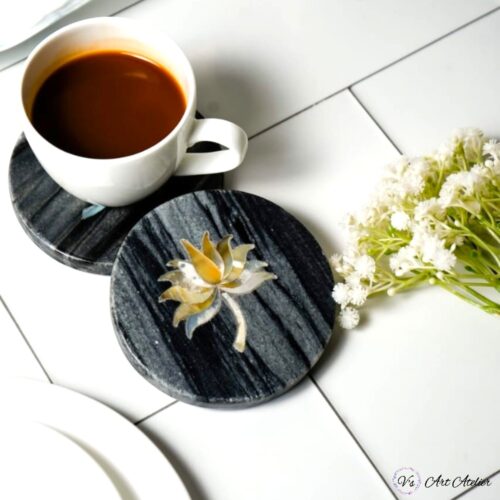 Marble and Mother of Pearl Lotus Inlay Coaster - Set of 2