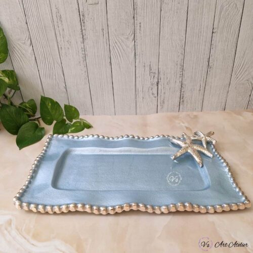 Handcrafted Metal Decorative Beaded Tray In Ocean Theme