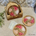 Premium Mangowood Coasters in Floral Mosaic  – Set of 6 with Stand