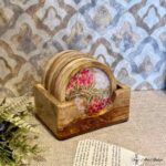 Premium Mangowood Coasters in Floral Mosaic  – Set of 6 with Stand - Image 2