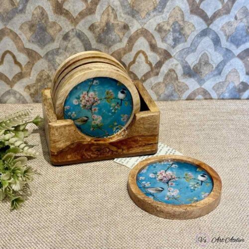 Premium Mangowood Coasters in Nature's Canvas – Set of 6 with Stand