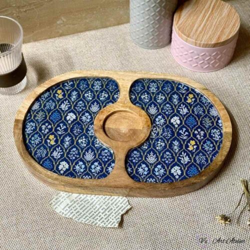 Premium Mangowood Navy Botanical Oval Chip-N-Dip Platter
