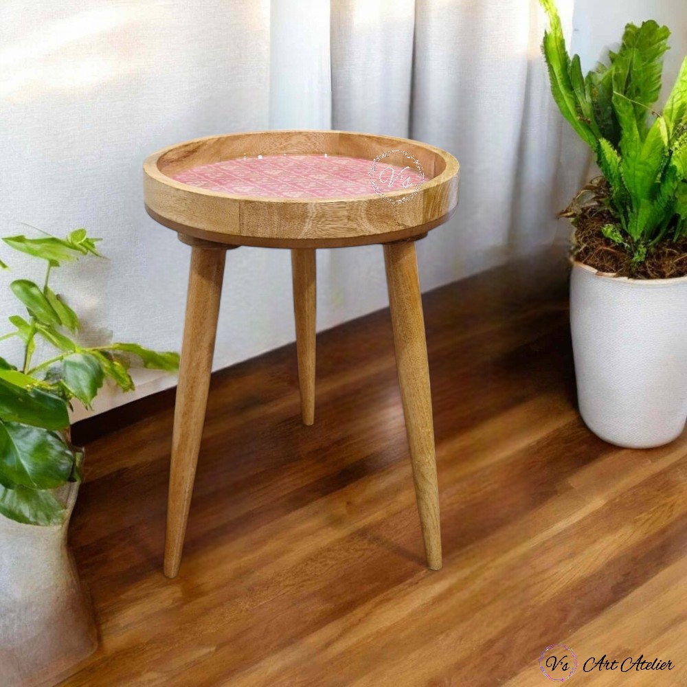 Hand-carved end table with tribal patterns