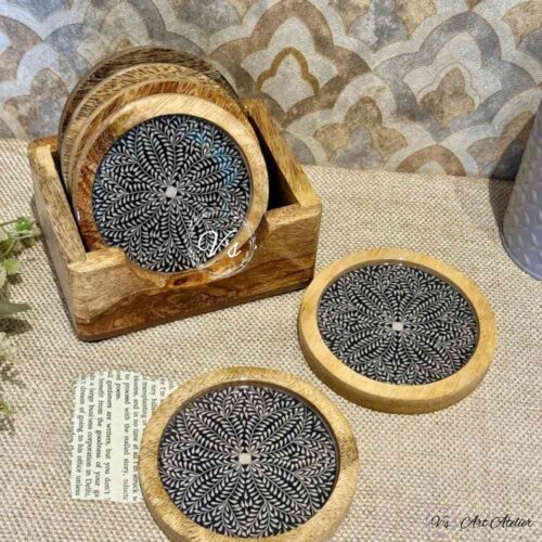 Premium Mangowood Coasters in Twilight Petals  – Set of 6 with Stand