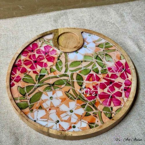 Premium Mangowood Floral Mosaic Round Chip-N-Dip Platter