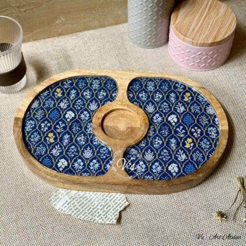 Premium Mangowood Navy Botanical Oval Chip-N-Dip Platter