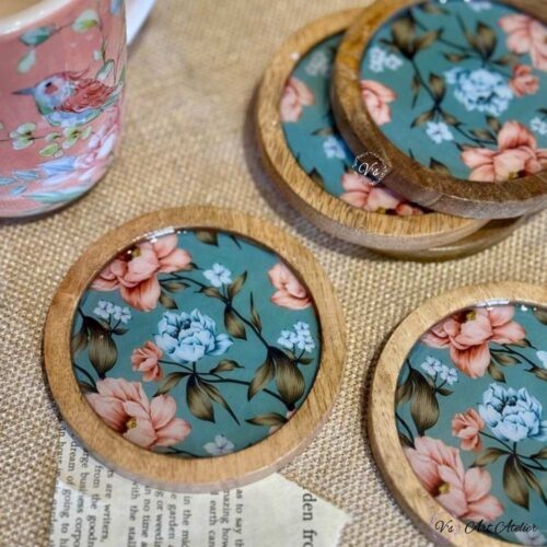 Premium Mangowood Coasters in Spring Serenade  – Set of 6 with Stand