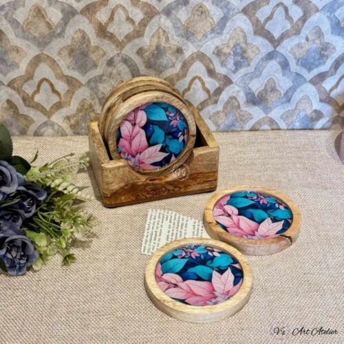Premium Mangowood Coasters in Tropical Bloom  – Set of 6 with Stand