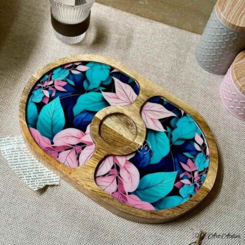 Premium Mangowood Tropical Bloom Oval Chip-N-Dip Platter