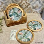 Premium Mangowood Coasters in Tropical  – Set of 6 with Stand