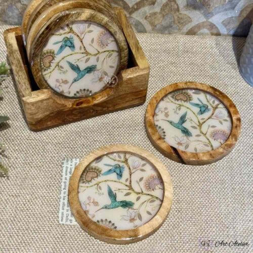 Premium Mangowood Coasters in Vintage Floral  – Set of 6 with Stand