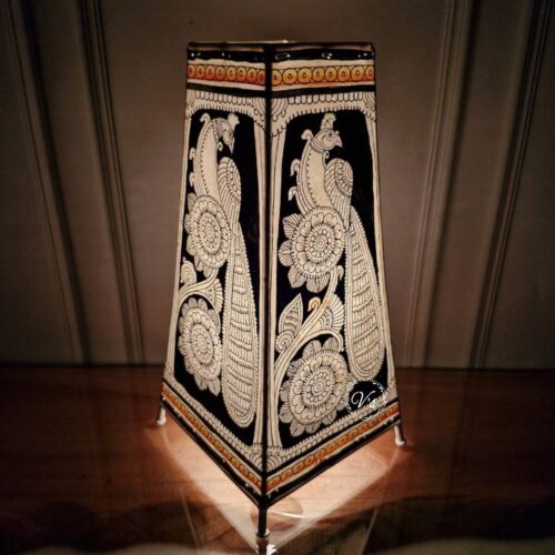 Hand Painted Black and White Peacock Table Top Lamp Single - 13 Inches