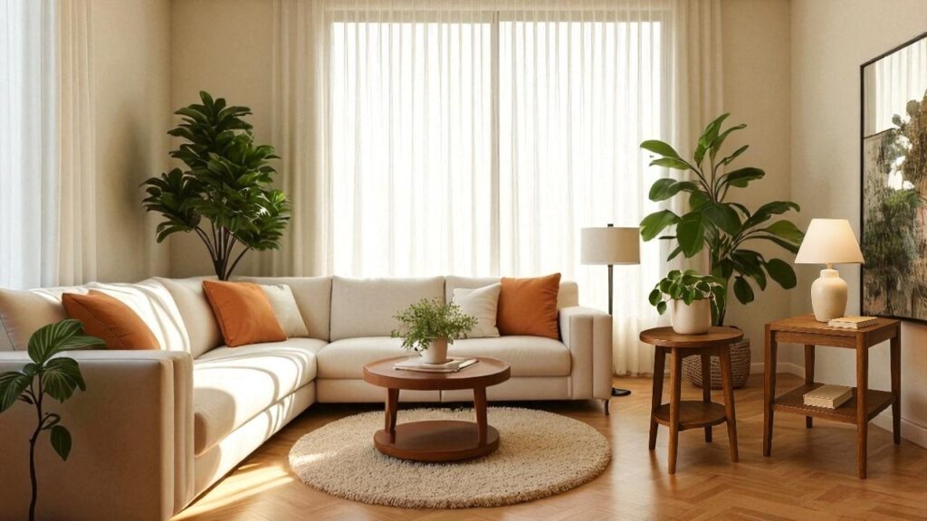 Stylish wooden side table beside a modern grey sofa in a cozy living room
