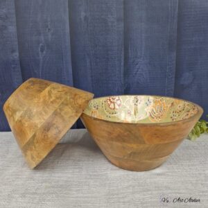 Elegant big wooden bowl as a centerpiece.
